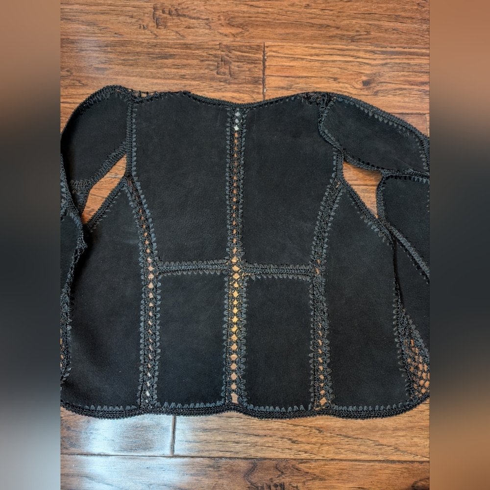 Ying Ying Of Nevada Black Leather Suede Crochet Whimsigoth Vest Size Large - Picture 5 of 10